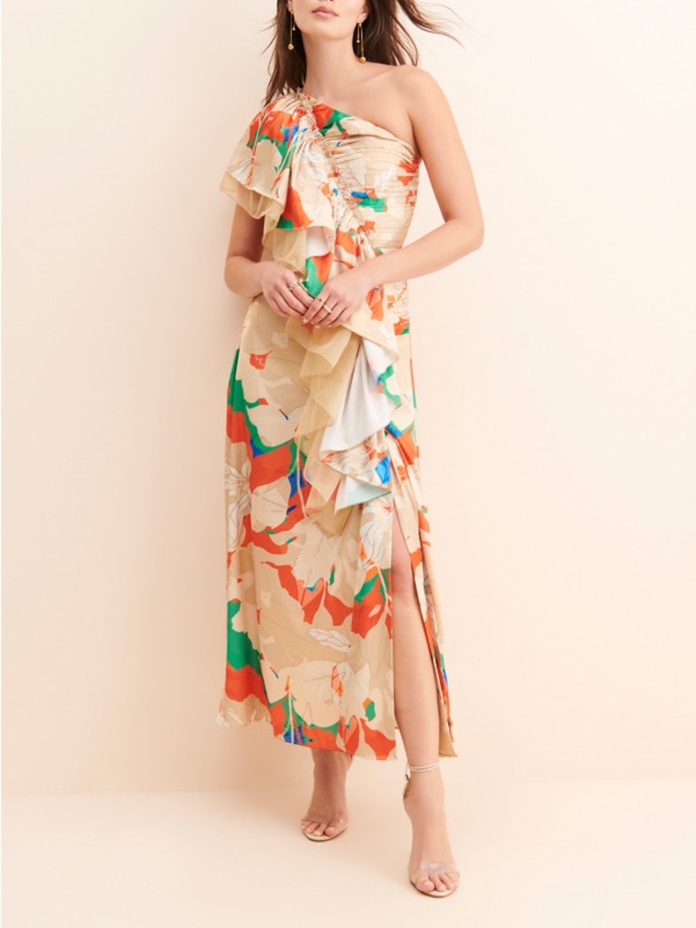 Anthropologie Mandira Wirk Ruffled One Shoulder Floral Maxi Dress S